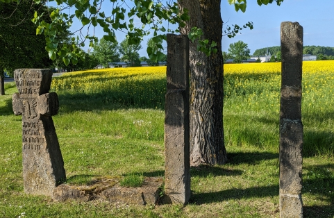 Gruppe von Steinkreuzen als Zeitzeugen gegenüber vom Landgasthof in Erfurt-Frienstedt